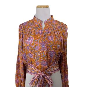 Rachel Roy Floral Boho Top Women’s XS Rayon Tie Wrap Front Peasant Bohemian